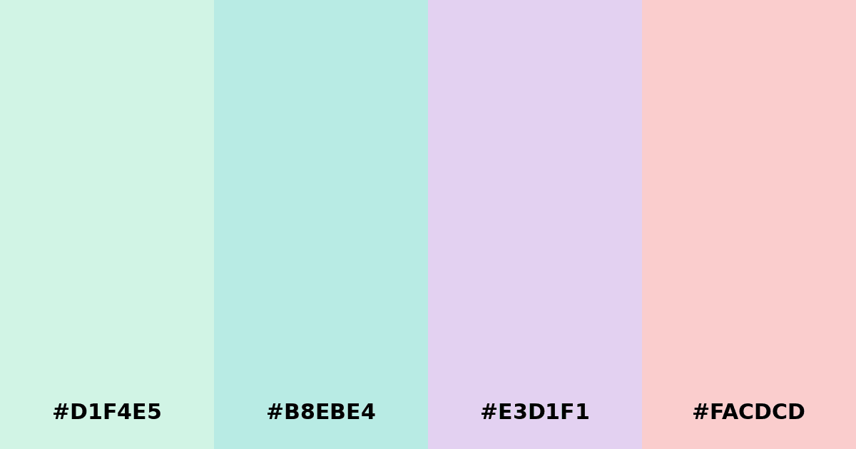 Color palette #D1F4E5 #B8EBE4 #E3D1F1 #FACDCD