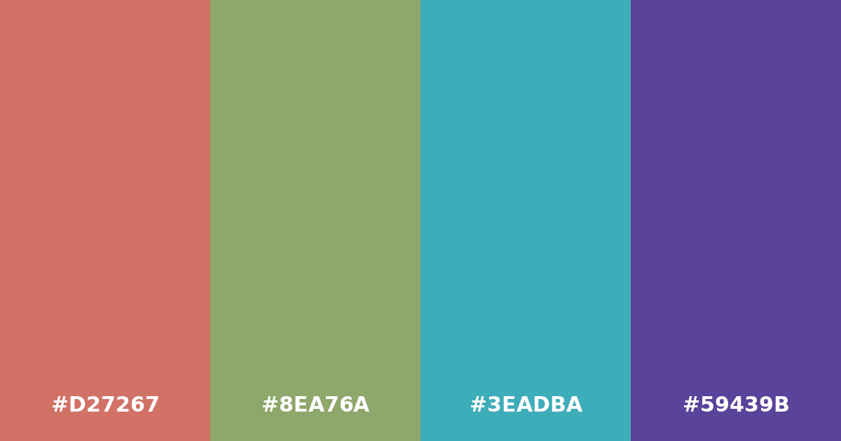 Color palette #D27267 #8EA76A #3EADBA #59439B