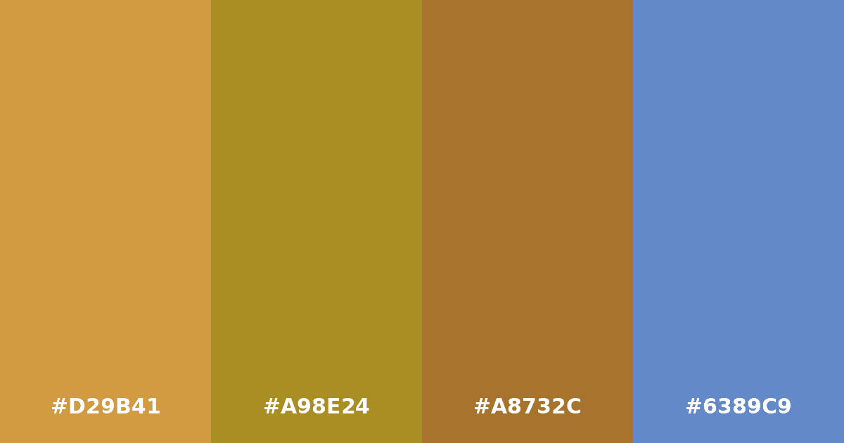 Color palette #D29B41 #A98E24 #A8732C #6389C9