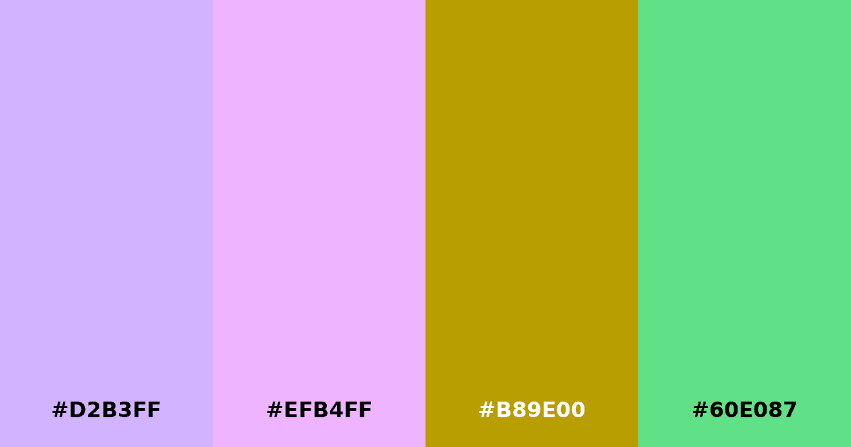 Color palette #D2B3FF #EFB4FF #B89E00 #60E087