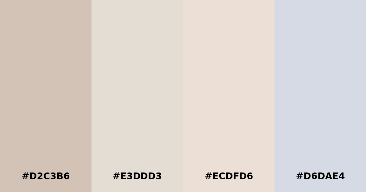 Color palette #D2C3B6 #E3DDD3 #ECDFD6 #D6DAE4
