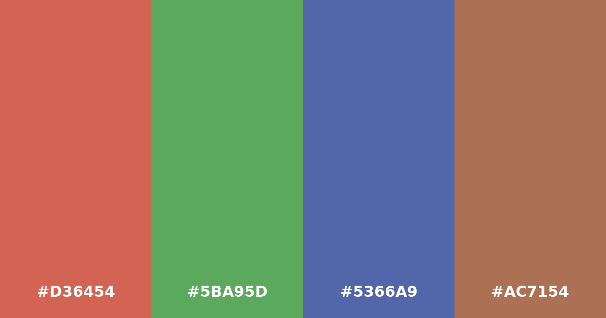 Color palette #D36454 #5BA95D #5366A9 #AC7154