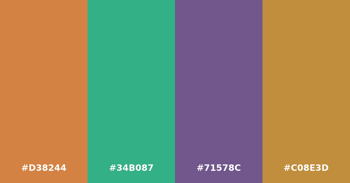 Color palette #D38244 #34B087 #71578C #C08E3D