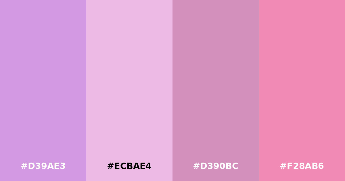 Color palette #D39AE3 #ECBAE4 #D390BC #F28AB6