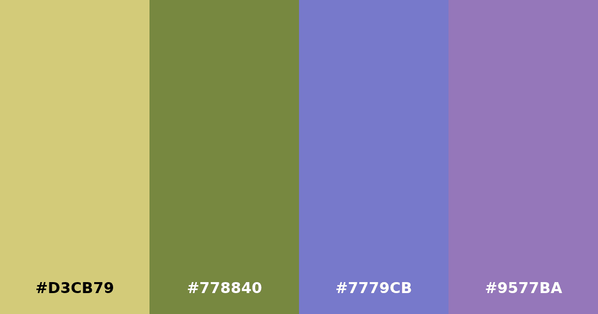 Color palette #D3CB79 #778840 #7779CB #9577BA