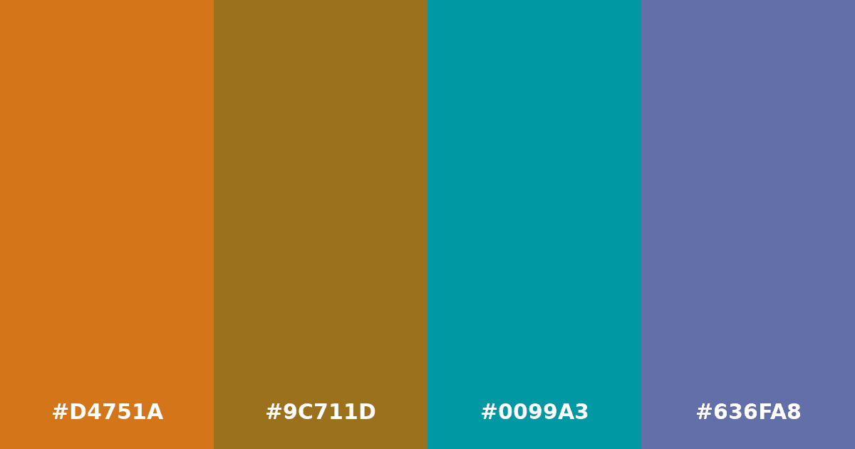 Color palette #D4751A #9C711D #0099A3 #636FA8