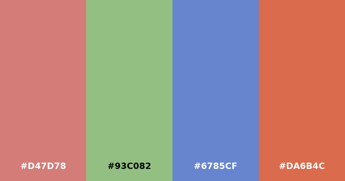 Color palette #D47D78 #93C082 #6785CF #DA6B4C
