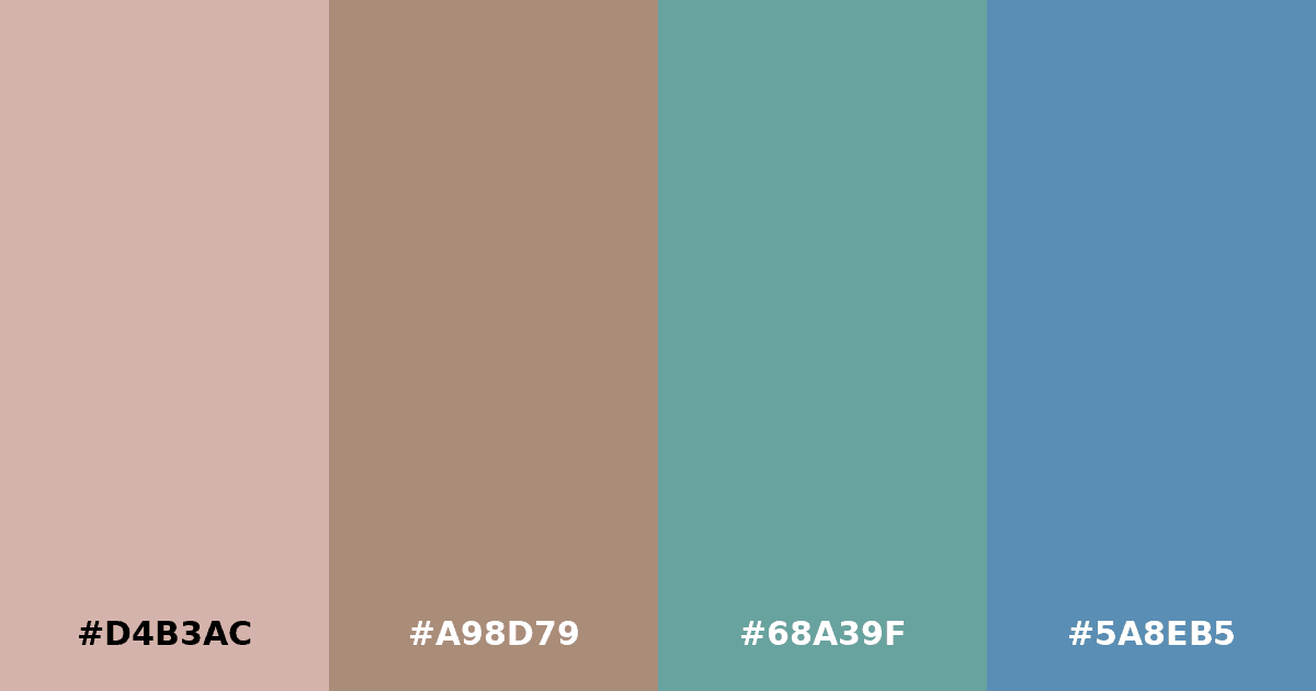 Color palette #D4B3AC #A98D79 #68A39F #5A8EB5