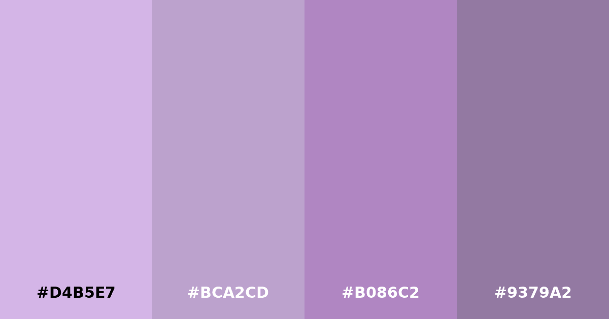 Color palette #D4B5E7 #BCA2CD #B086C2 #9379A2