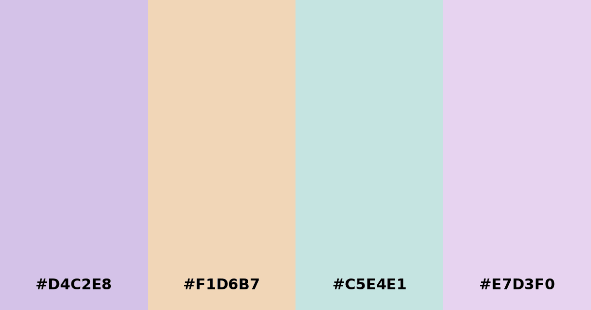 Color palette #D4C2E8 #F1D6B7 #C5E4E1 #E7D3F0