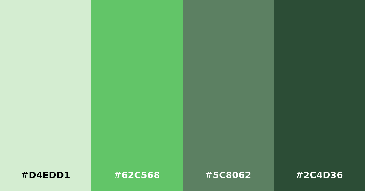 Color palette #D4EDD1 #62C568 #5C8062 #2C4D36