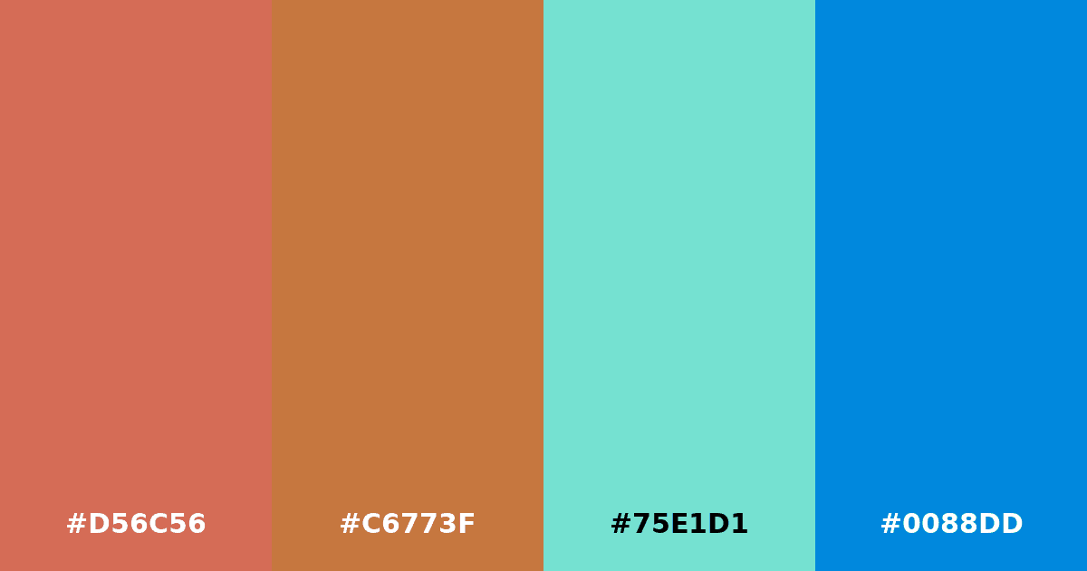 Color palette #D56C56 #C6773F #75E1D1 #0088DD