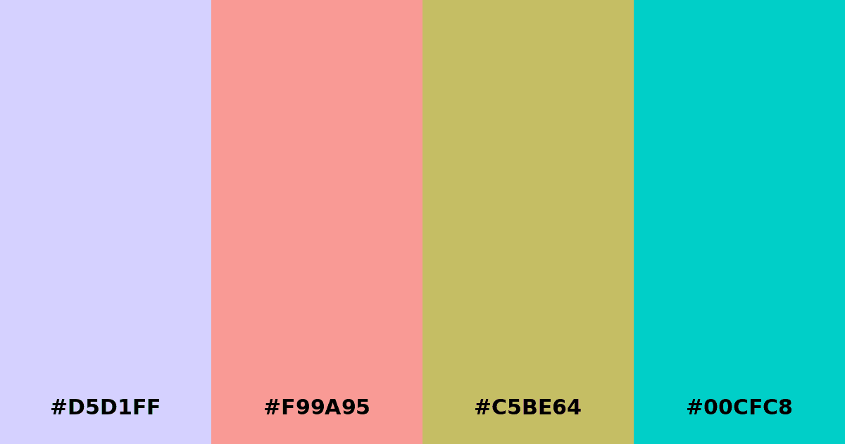Color palette #D5D1FF #F99A95 #C5BE64 #00CFC8