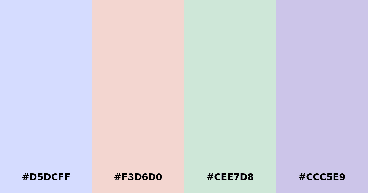 Color palette #D5DCFF #F3D6D0 #CEE7D8 #CCC5E9