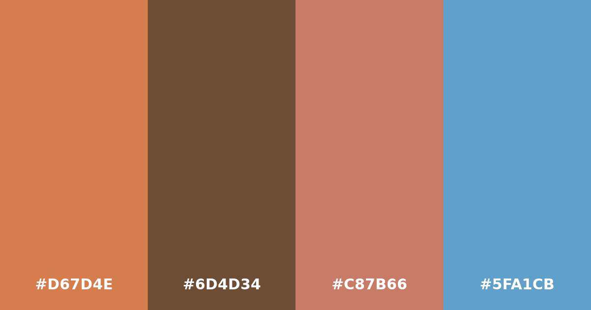 Color palette #D67D4E #6D4D34 #C87B66 #5FA1CB