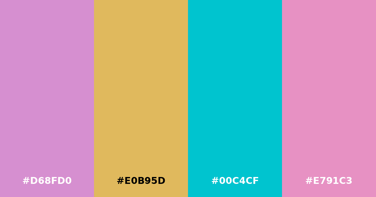 Color palette #D68FD0 #E0B95D #00C4CF #E791C3