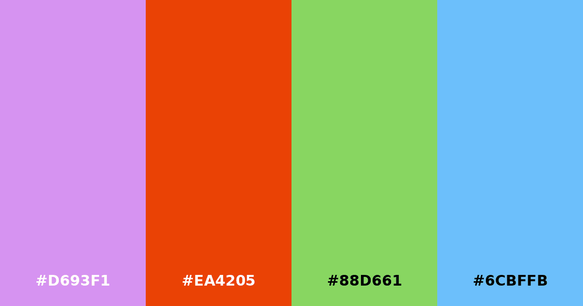 Color palette #D693F1 #EA4205 #88D661 #6CBFFB