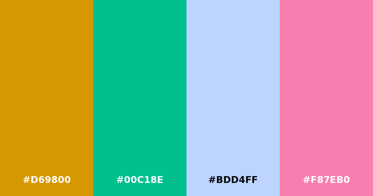 Color palette #D69800 #00C18E #BDD4FF #F87EB0