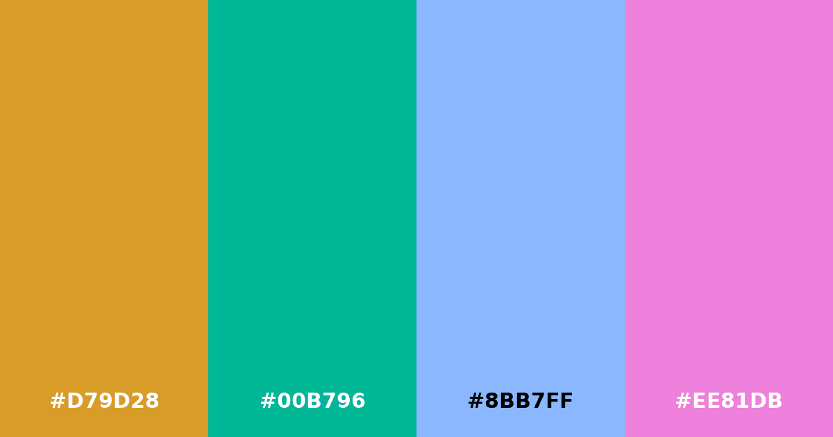 Color palette #D79D28 #00B796 #8BB7FF #EE81DB