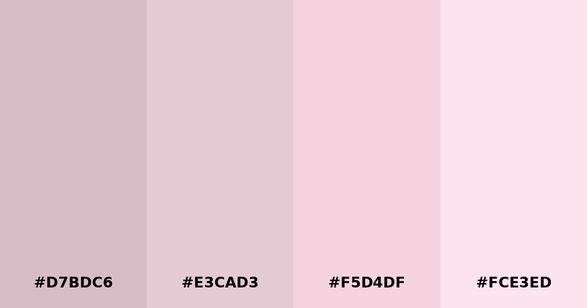 Color palette #D7BDC6 #E3CAD3 #F5D4DF #FCE3ED