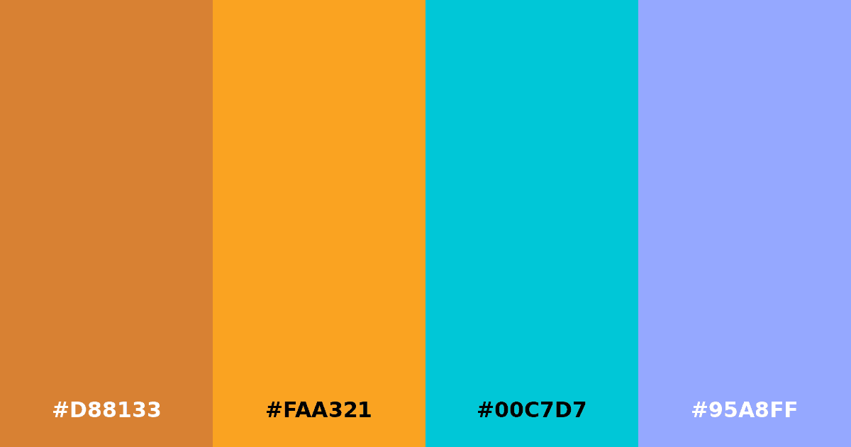 Color palette #D88133 #FAA321 #00C7D7 #95A8FF