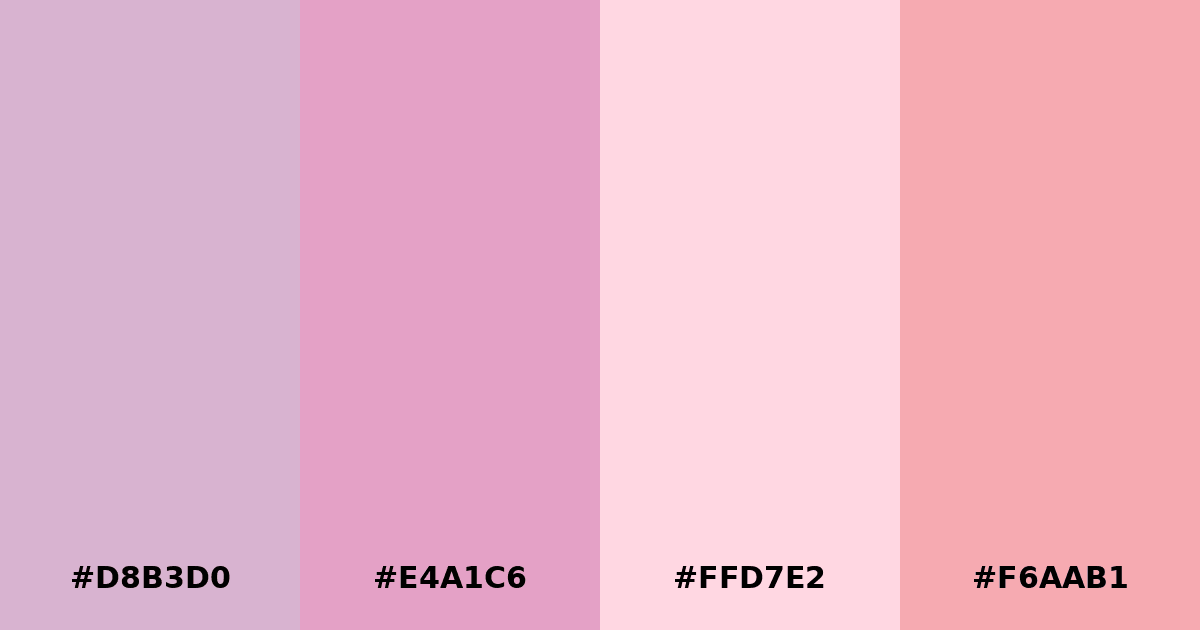 Color palette #D8B3D0 #E4A1C6 #FFD7E2 #F6AAB1