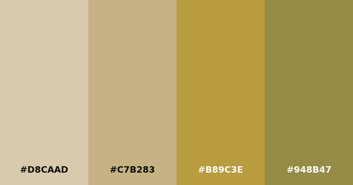 Color palette #D8CAAD #C7B283 #B89C3E #948B47