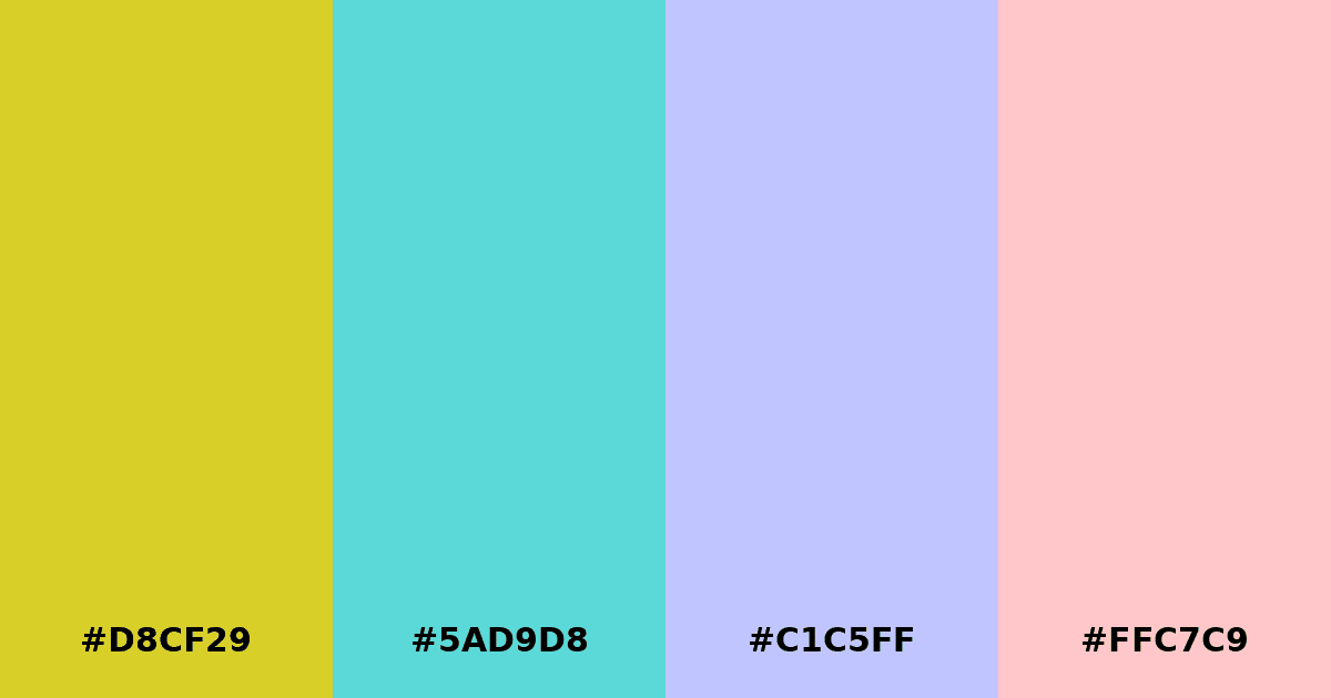 Color palette #D8CF29 #5AD9D8 #C1C5FF #FFC7C9