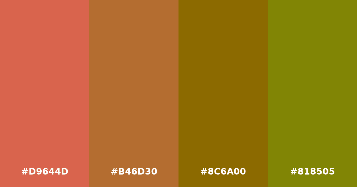 Color palette #D9644D #B46D30 #8C6A00 #818505