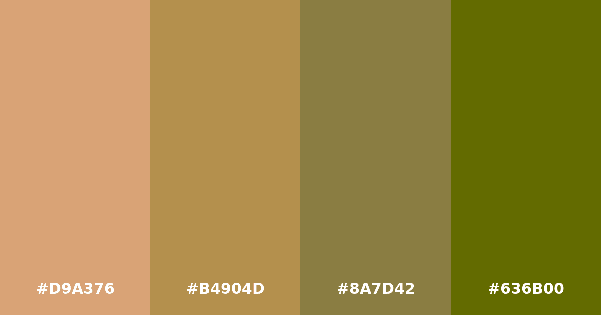 Color palette #D9A376 #B4904D #8A7D42 #636B00