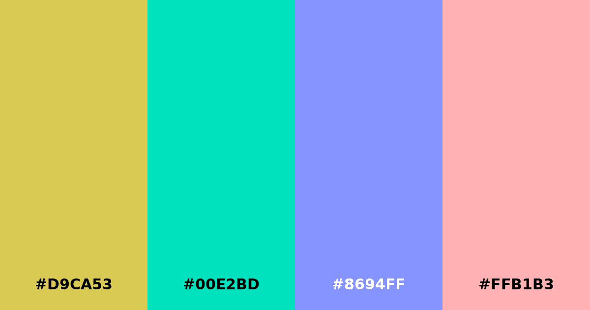 Color palette #D9CA53 #00E2BD #8694FF #FFB1B3