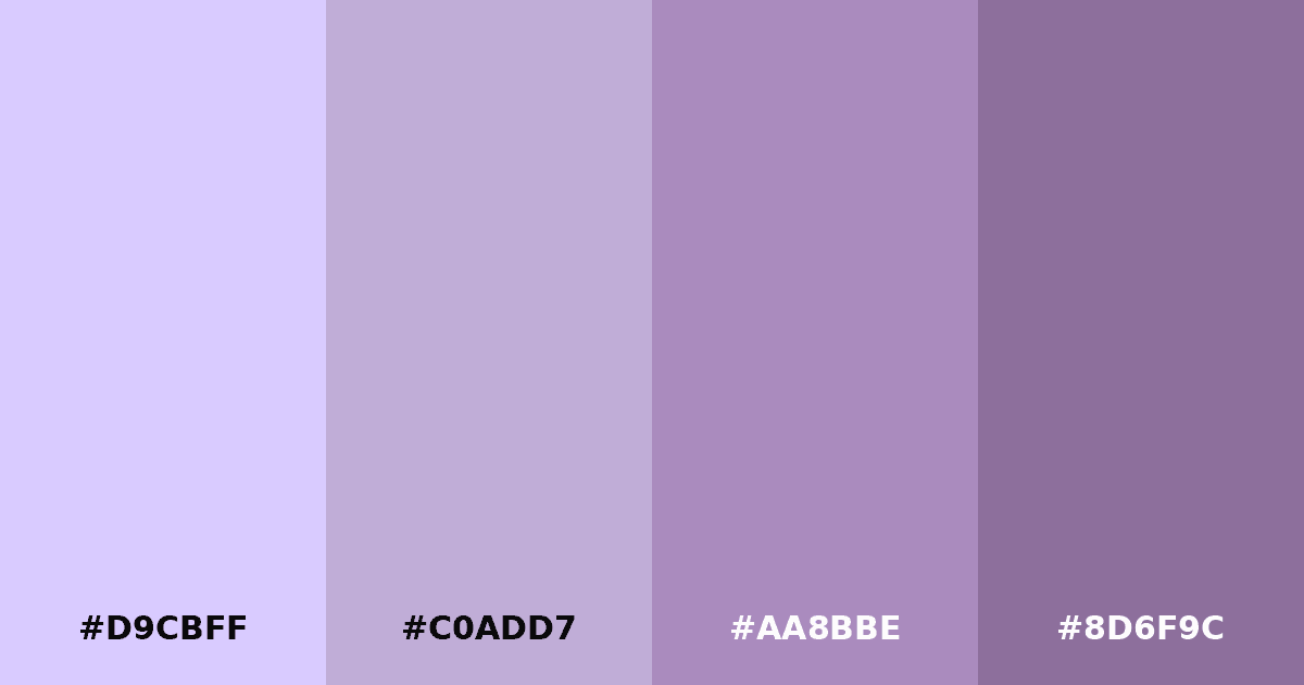 Color palette #D9CBFF #C0ADD7 #AA8BBE #8D6F9C
