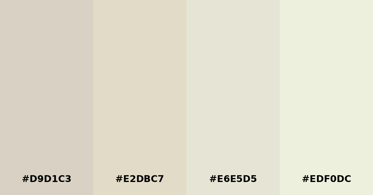 Color palette #D9D1C3 #E2DBC7 #E6E5D5 #EDF0DC