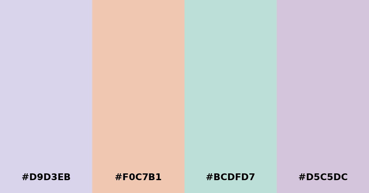 Color palette #D9D3EB #F0C7B1 #BCDFD7 #D5C5DC