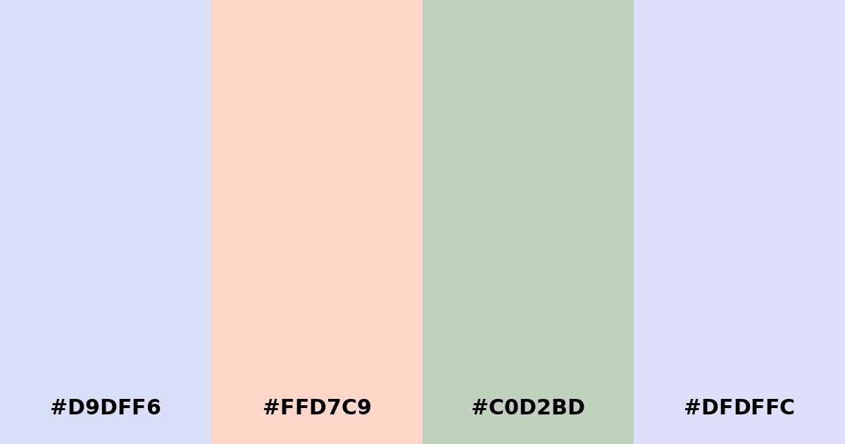 Color palette #D9DFF6 #FFD7C9 #C0D2BD #DFDFFC