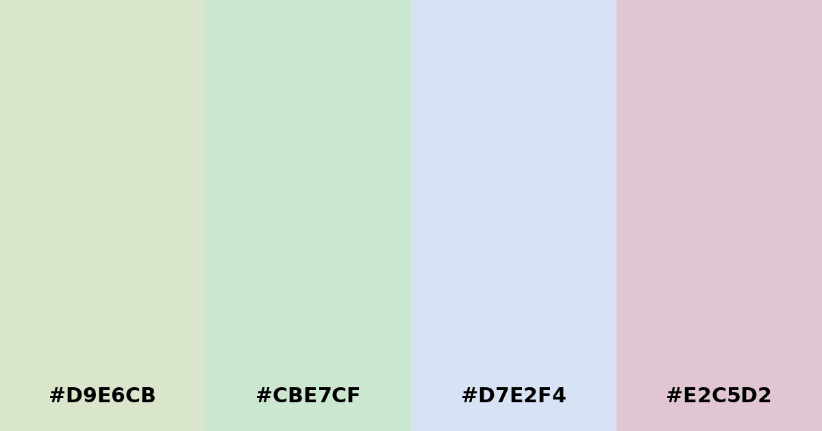 Color palette #D9E6CB #CBE7CF #D7E2F4 #E2C5D2