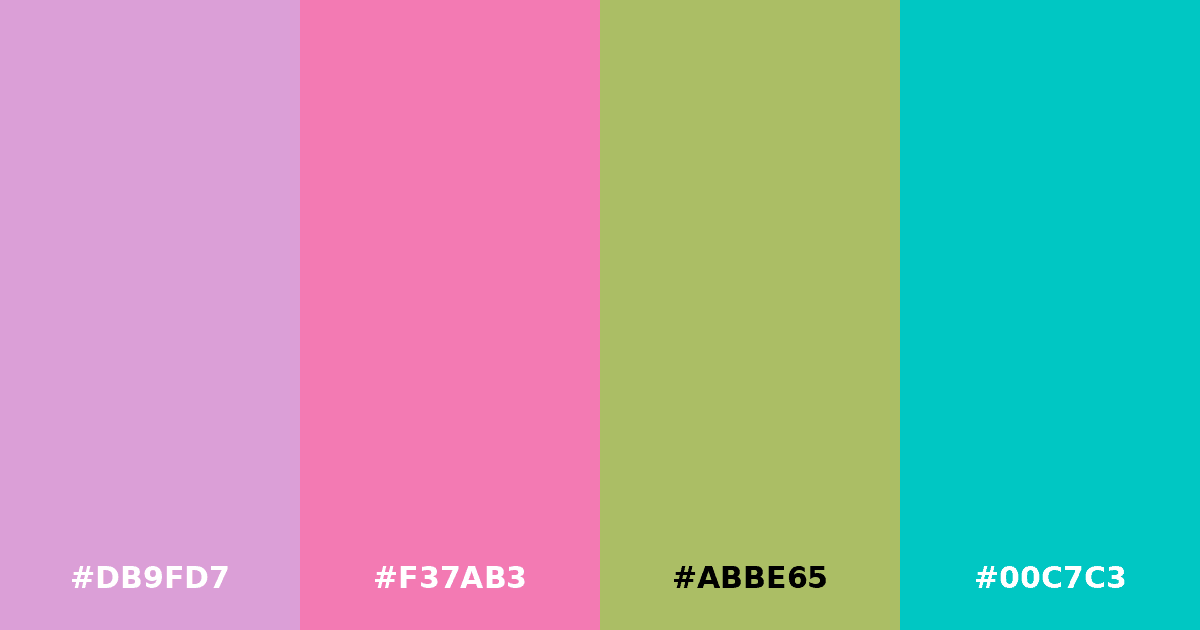 Color palette #DB9FD7 #F37AB3 #ABBE65 #00C7C3