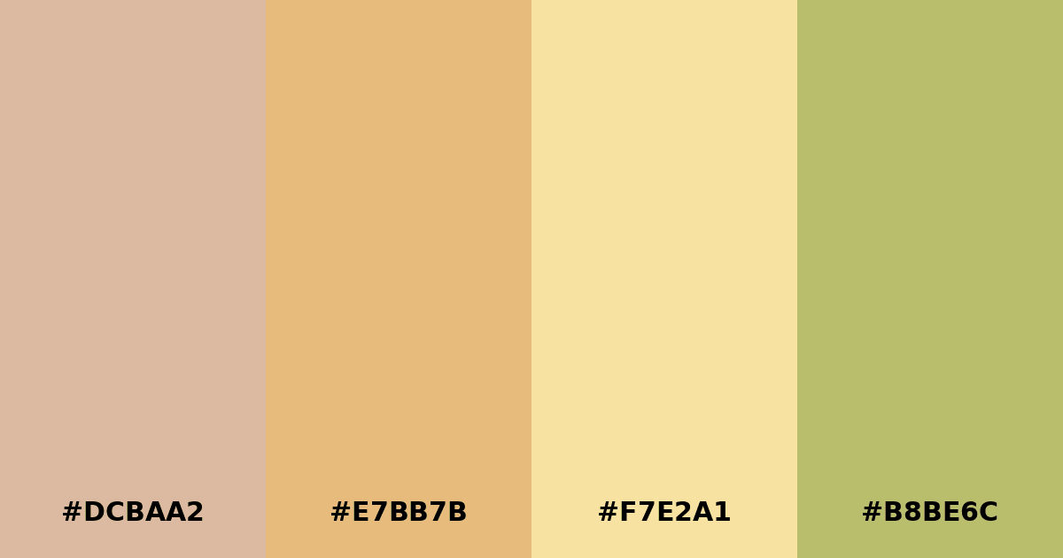 Color palette #DCBAA2 #E7BB7B #F7E2A1 #B8BE6C