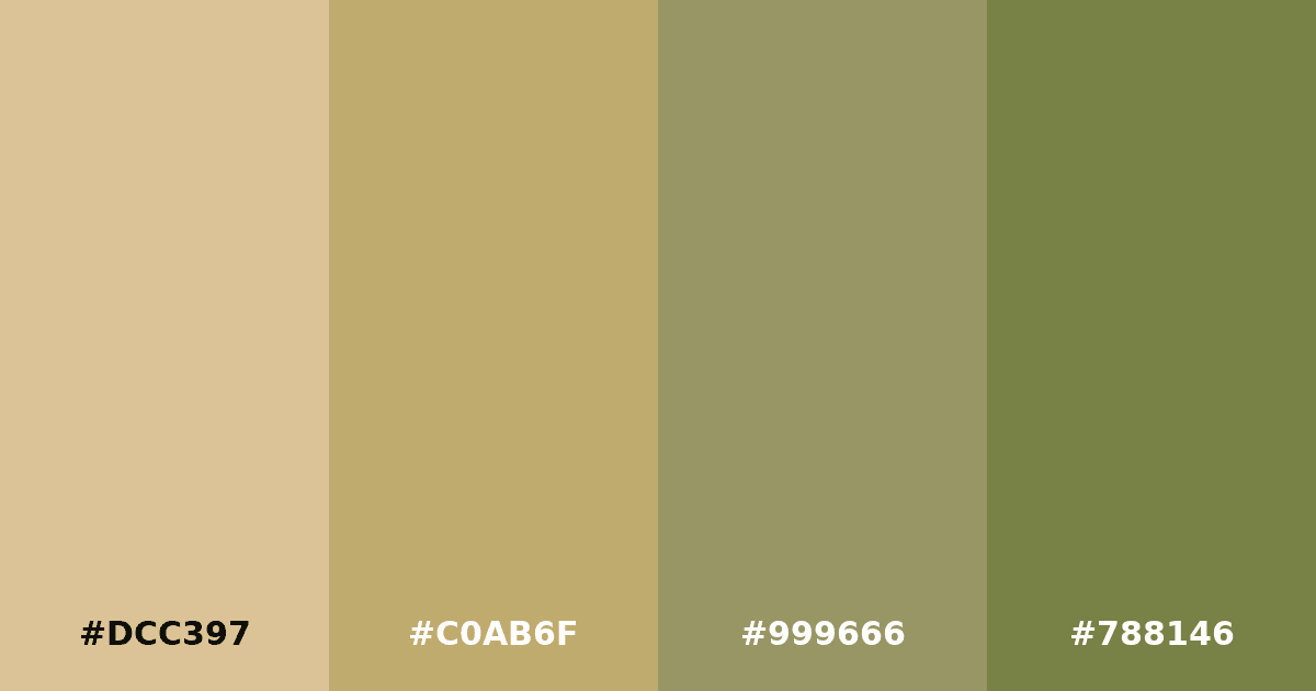 Color palette #DCC397 #C0AB6F #999666 #788146