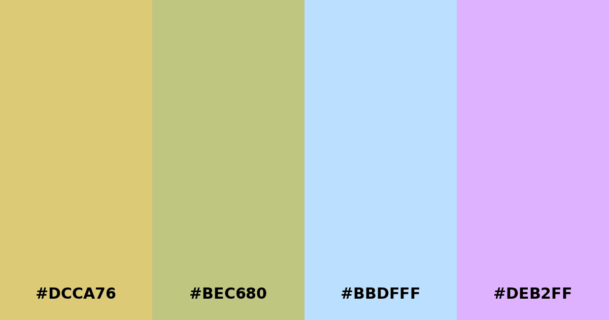 Color palette #DCCA76 #BEC680 #BBDFFF #DEB2FF