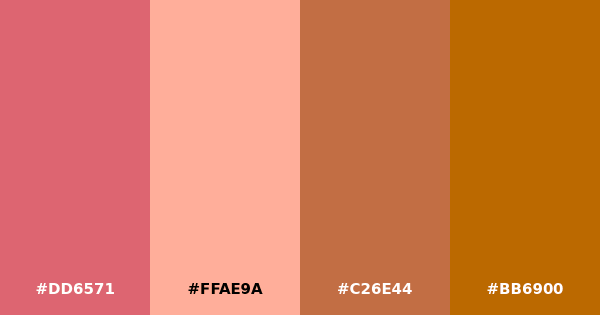 Color palette #DD6571 #FFAE9A #C26E44 #BB6900
