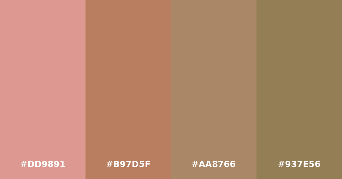 Color palette #DD9891 #B97D5F #AA8766 #937E56