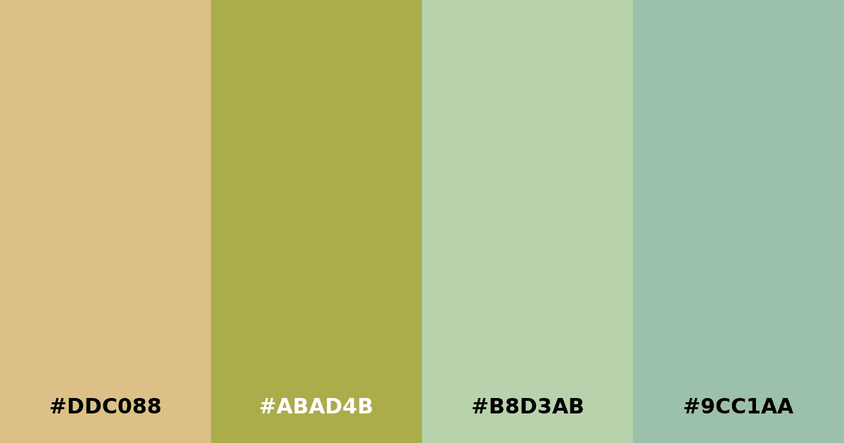 Color palette #DDC088 #ABAD4B #B8D3AB #9CC1AA