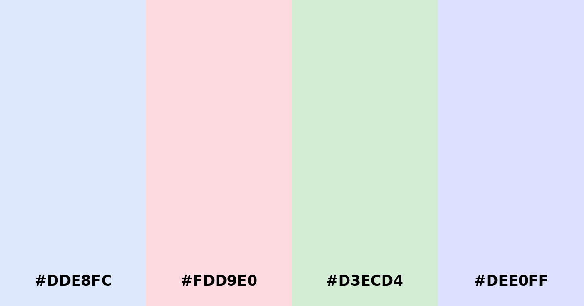 Color palette #DDE8FC #FDD9E0 #D3ECD4 #DEE0FF