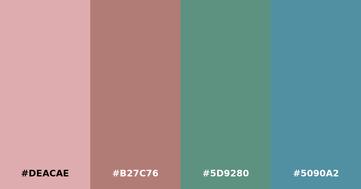 Color palette #DEACAE #B27C76 #5D9280 #5090A2