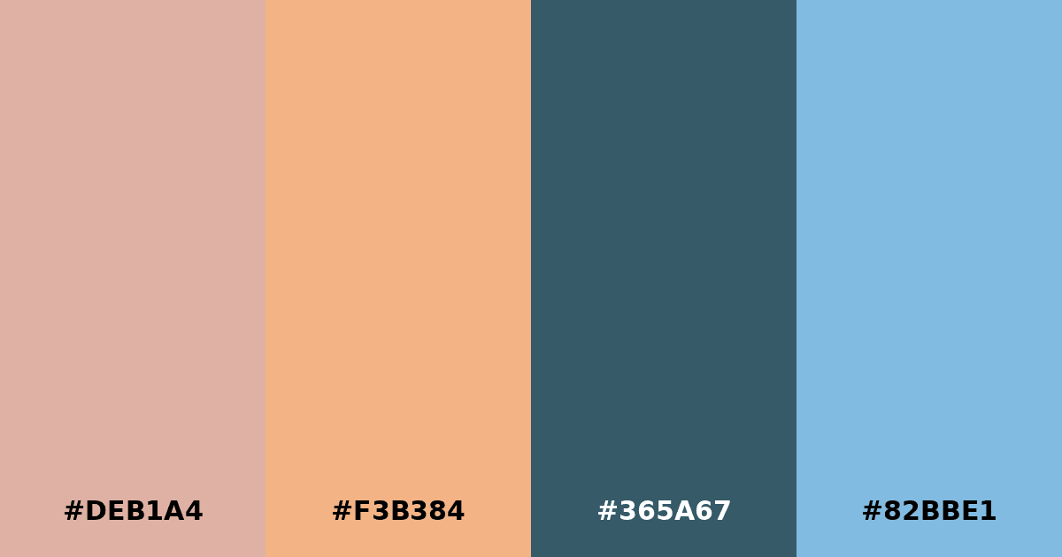 Color palette #DEB1A4 #F3B384 #365A67 #82BBE1