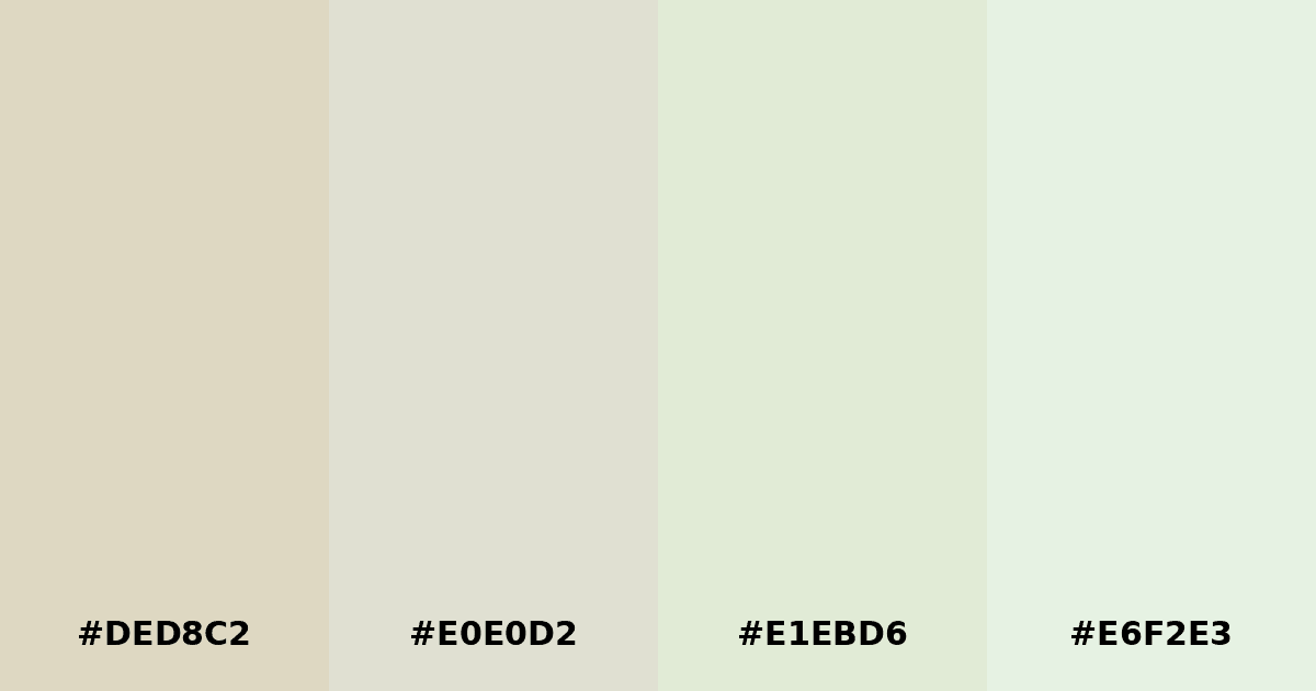 Color palette #DED8C2 #E0E0D2 #E1EBD6 #E6F2E3