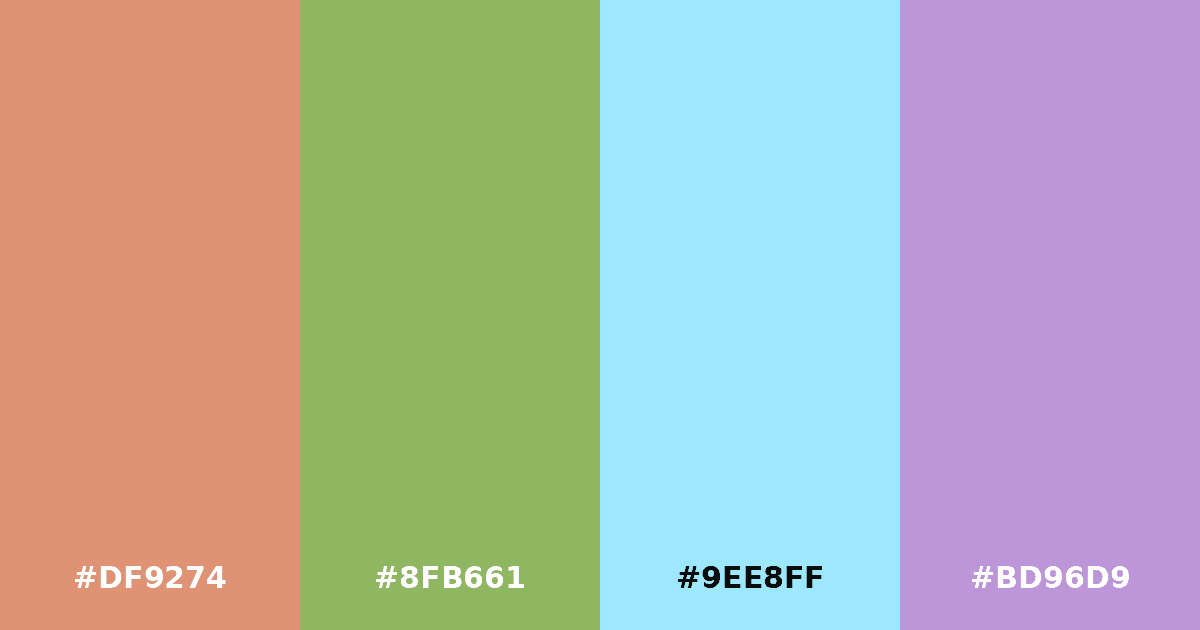 Color palette #DF9274 #8FB661 #9EE8FF #BD96D9