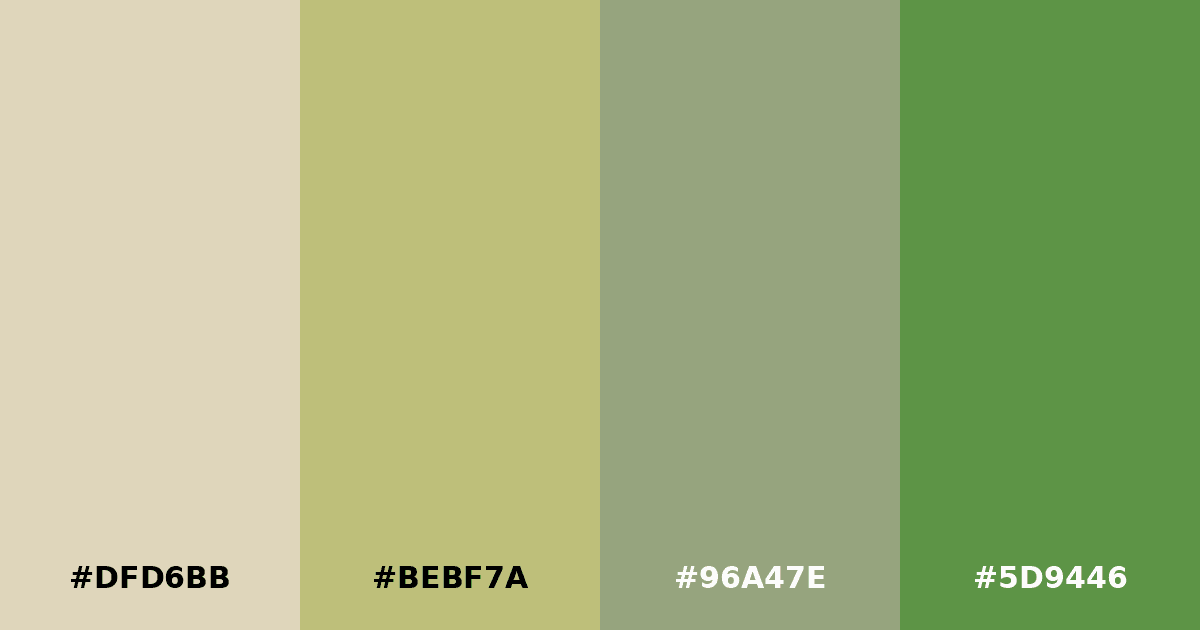 Color palette #DFD6BB #BEBF7A #96A47E #5D9446