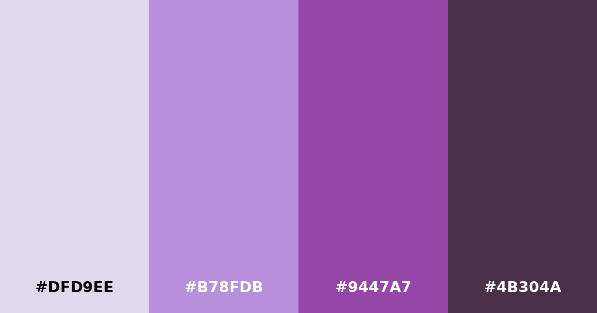 Color palette #DFD9EE #B78FDB #9447A7 #4B304A